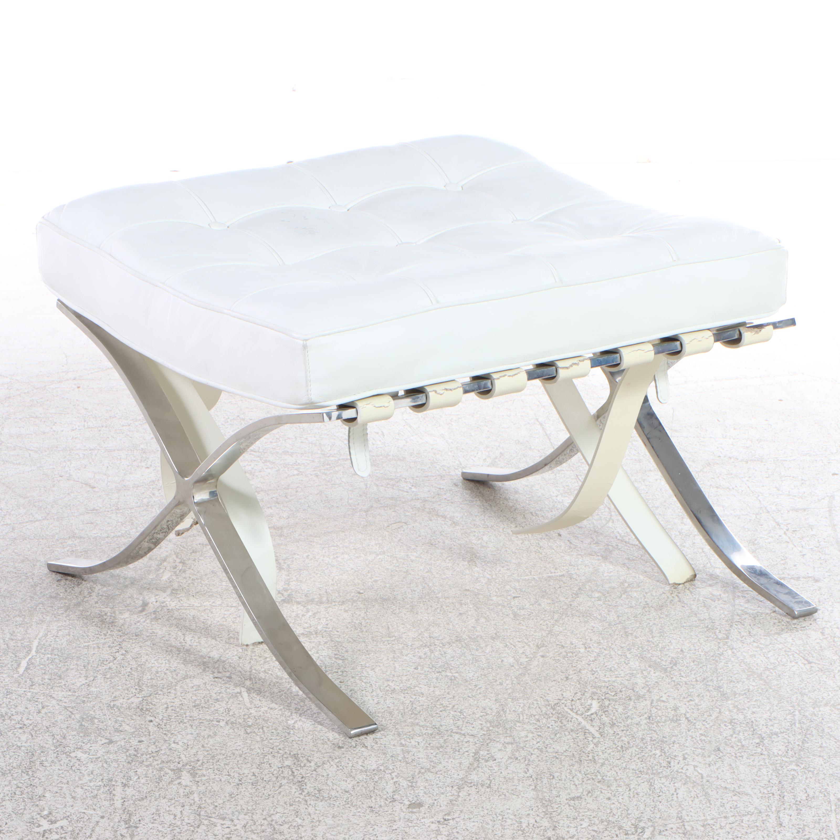 Modernist Chrome and White Leather Barcelona Style Lounge Chair and