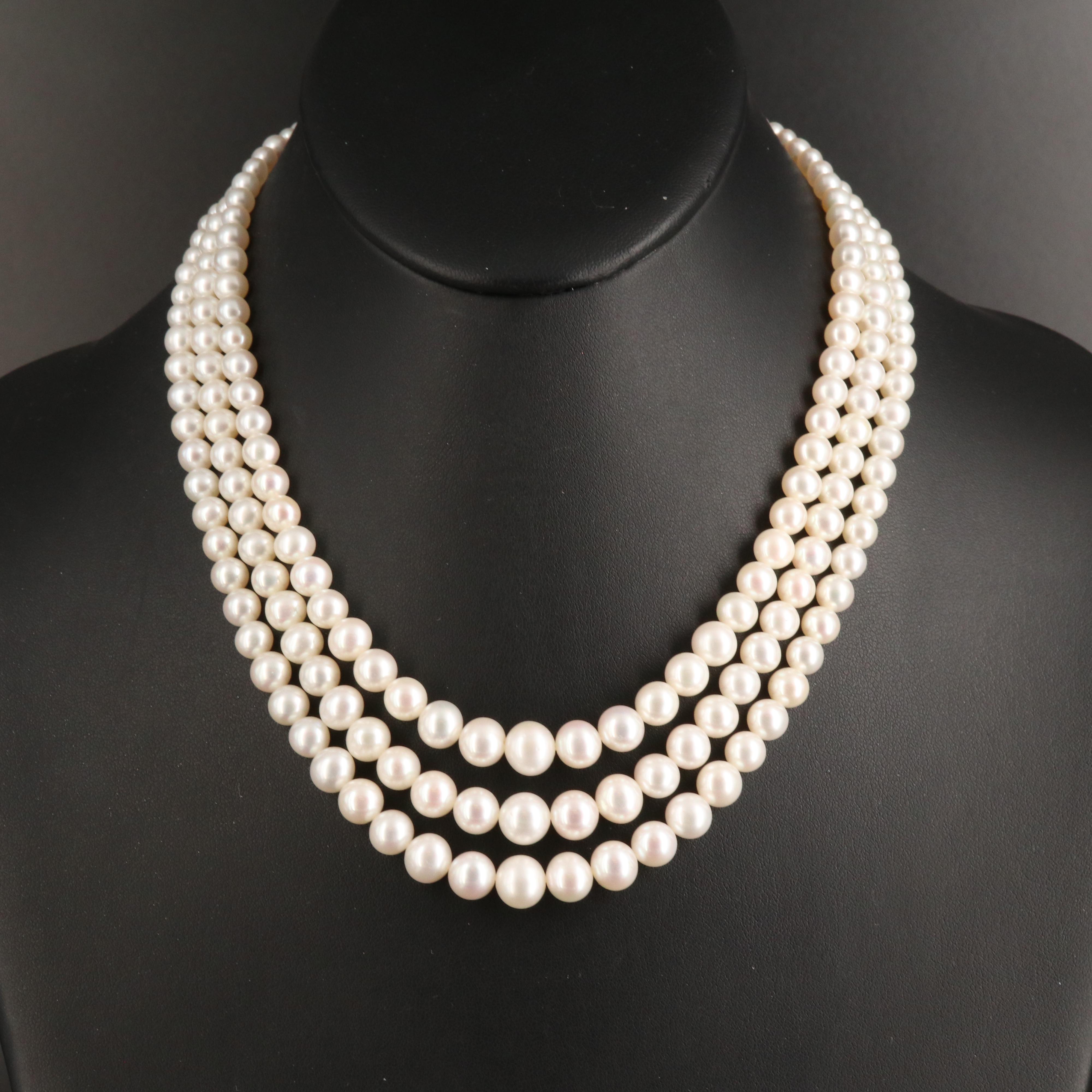 Graduated TripleStrand Pearl Necklace with 14K Clasp EBTH