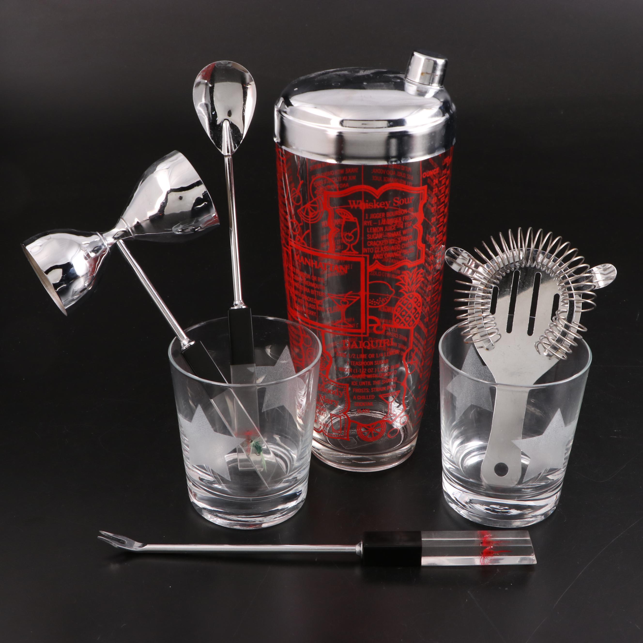 Irvinware Novelty Cocktail Shaker with Other Old Fashioned Glasses and