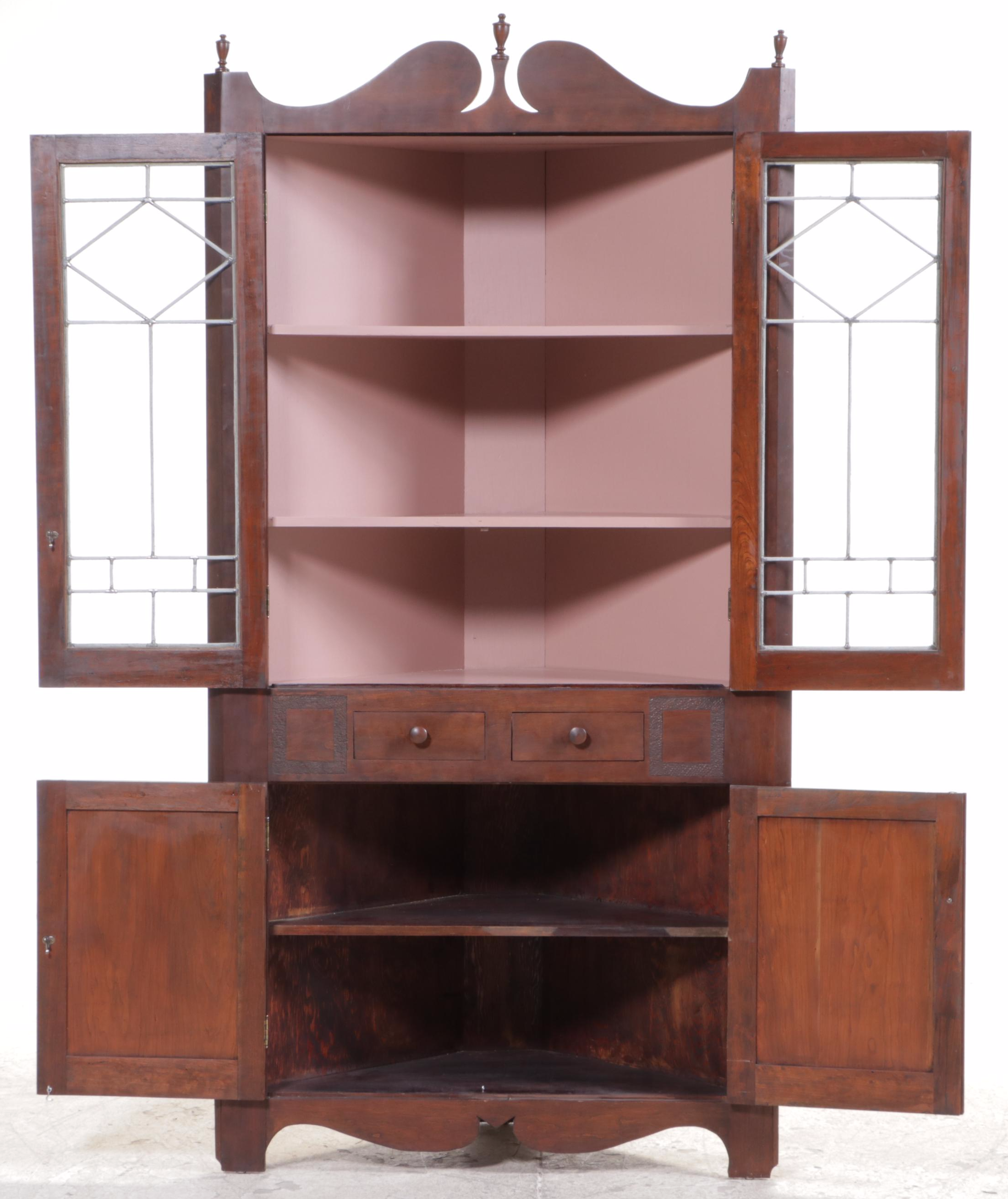 Federal Style Cherrywood and Leaded Glass Corner 20th Century