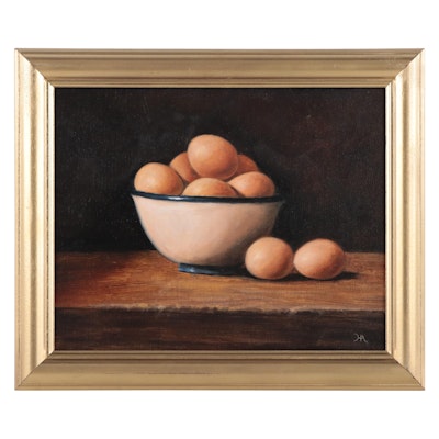 Houra H. Alghizzi Still Life Oil Painting "A Bowl of Organic Eggs," 2023