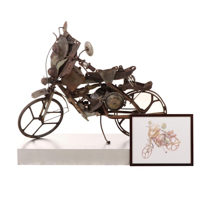 Large-Scale Metal Sculpture of a Steampunk Motorcycle with Conceptual Rendering