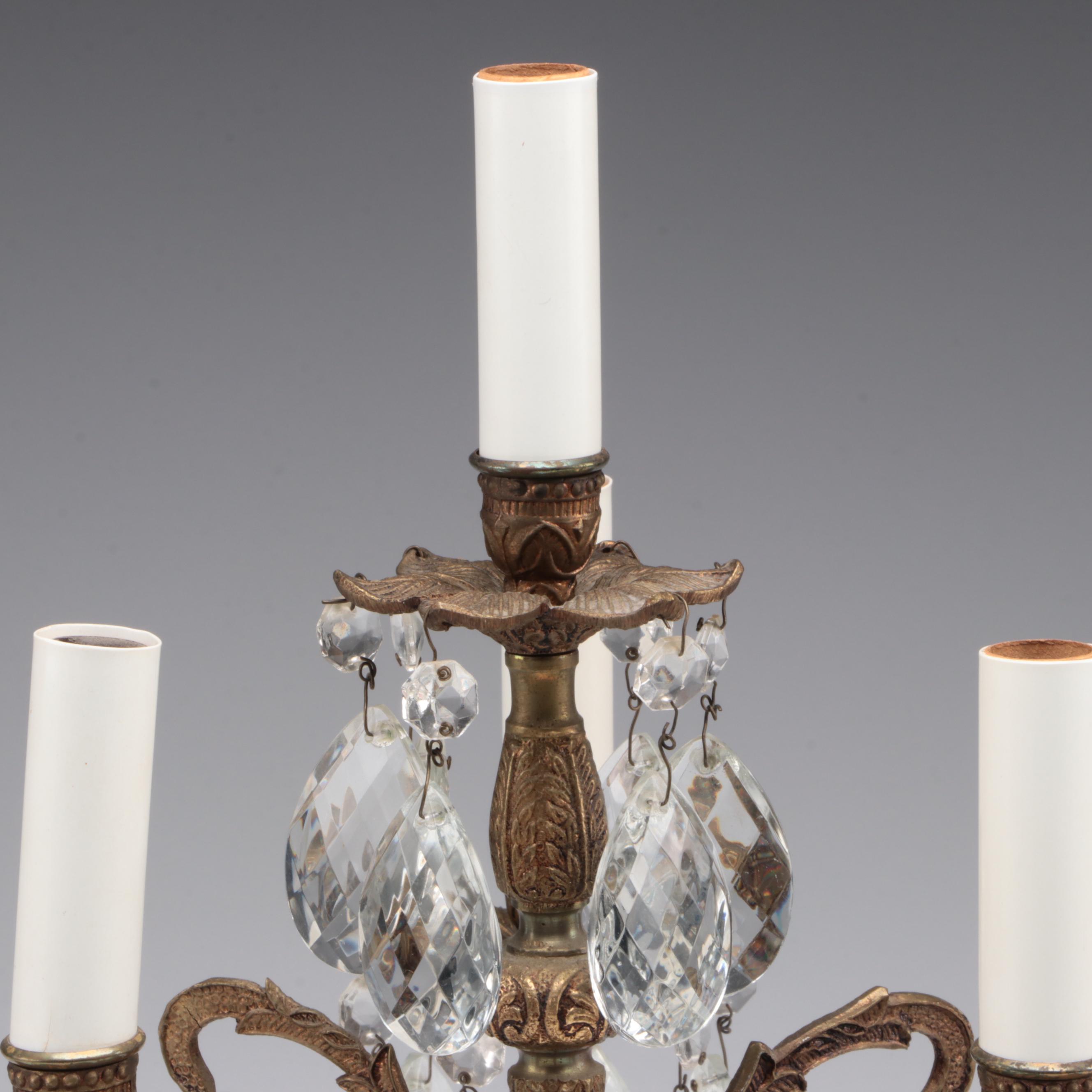 Baroque Style Cast Brass and Crystal Prism Electric Candelabra Table