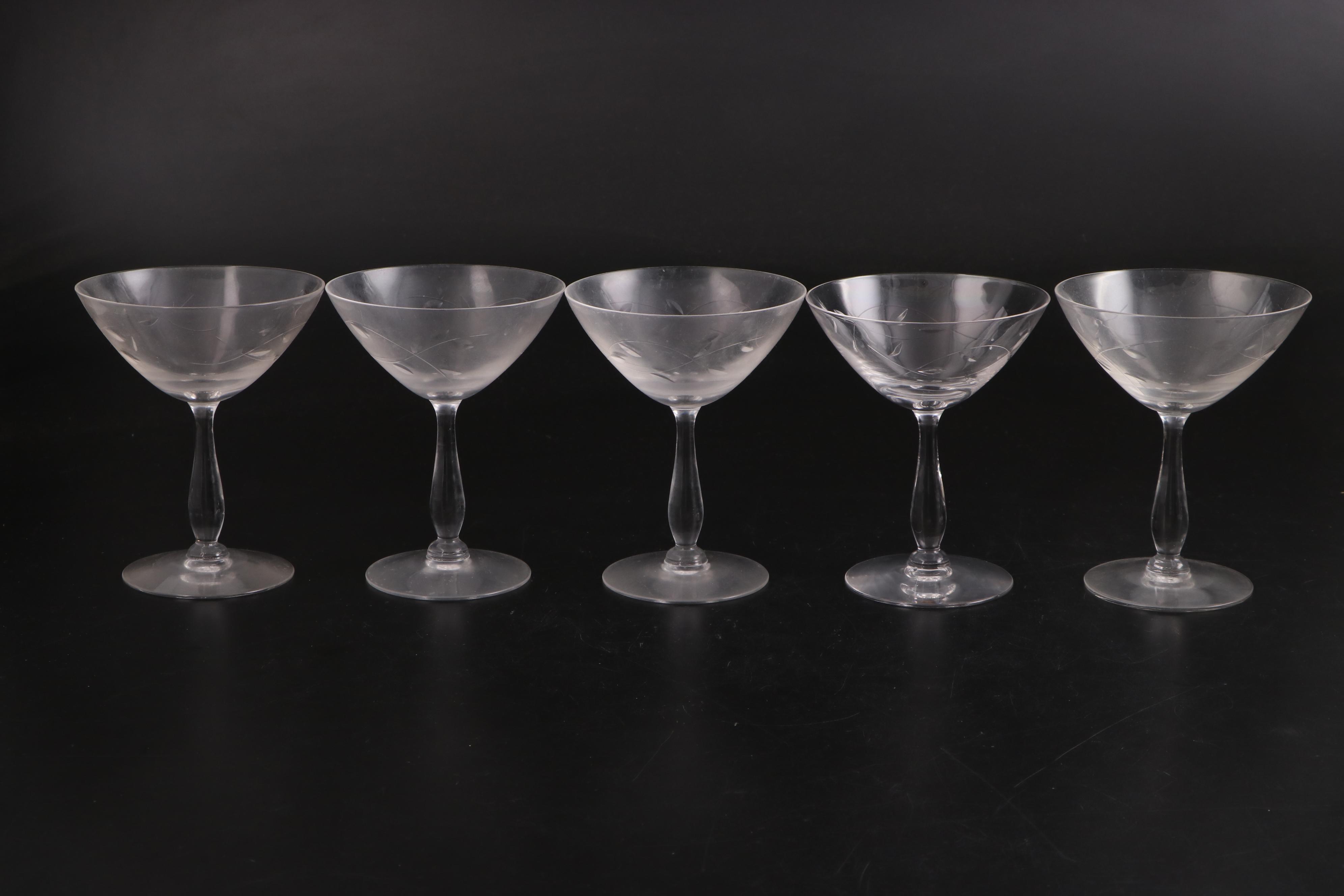 Vine Pattern Cut Glass Wine Glasses, Coupes, and Cordial Glasses, Mid