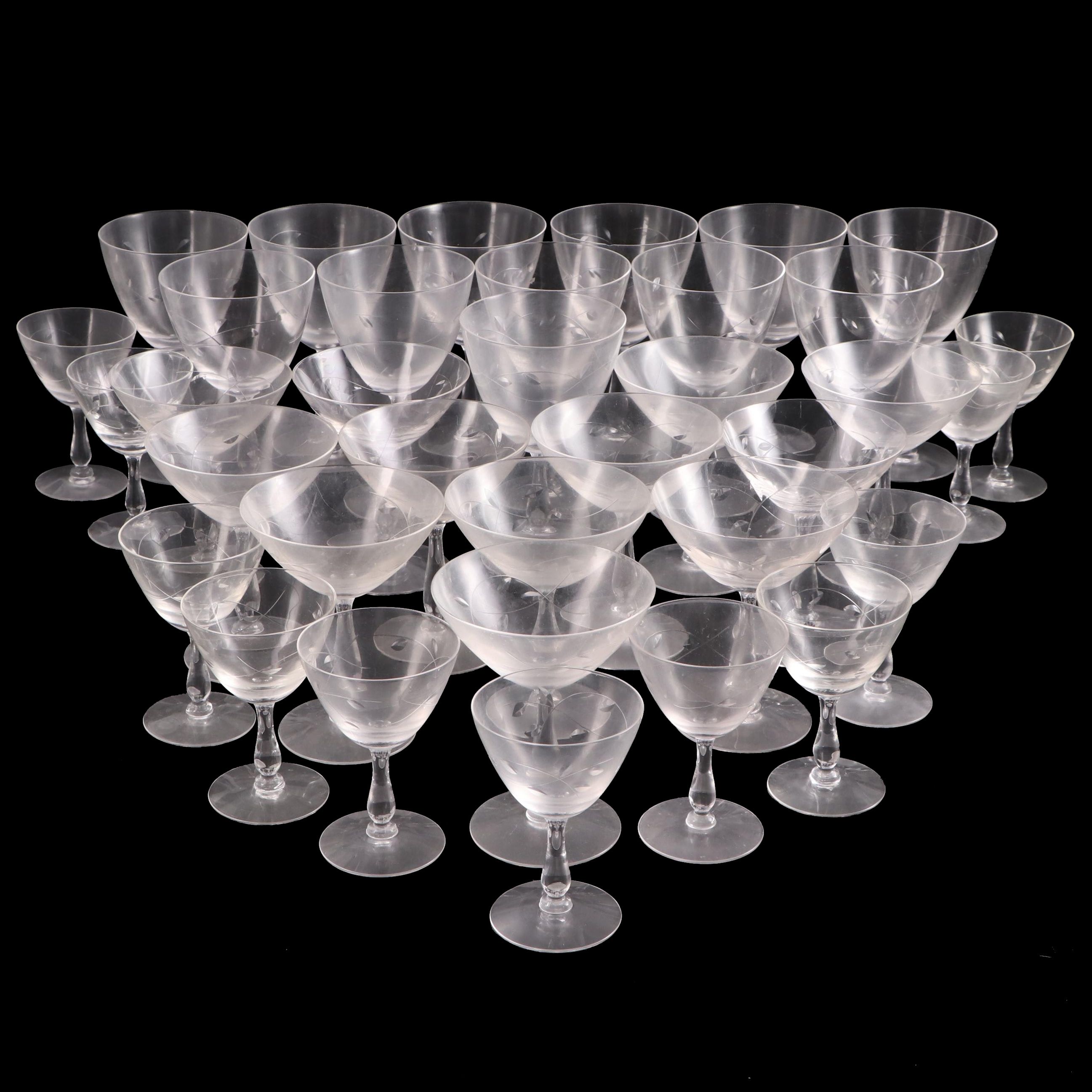Vine Pattern Cut Glass Wine Glasses, Coupes, and Cordial Glasses, Mid