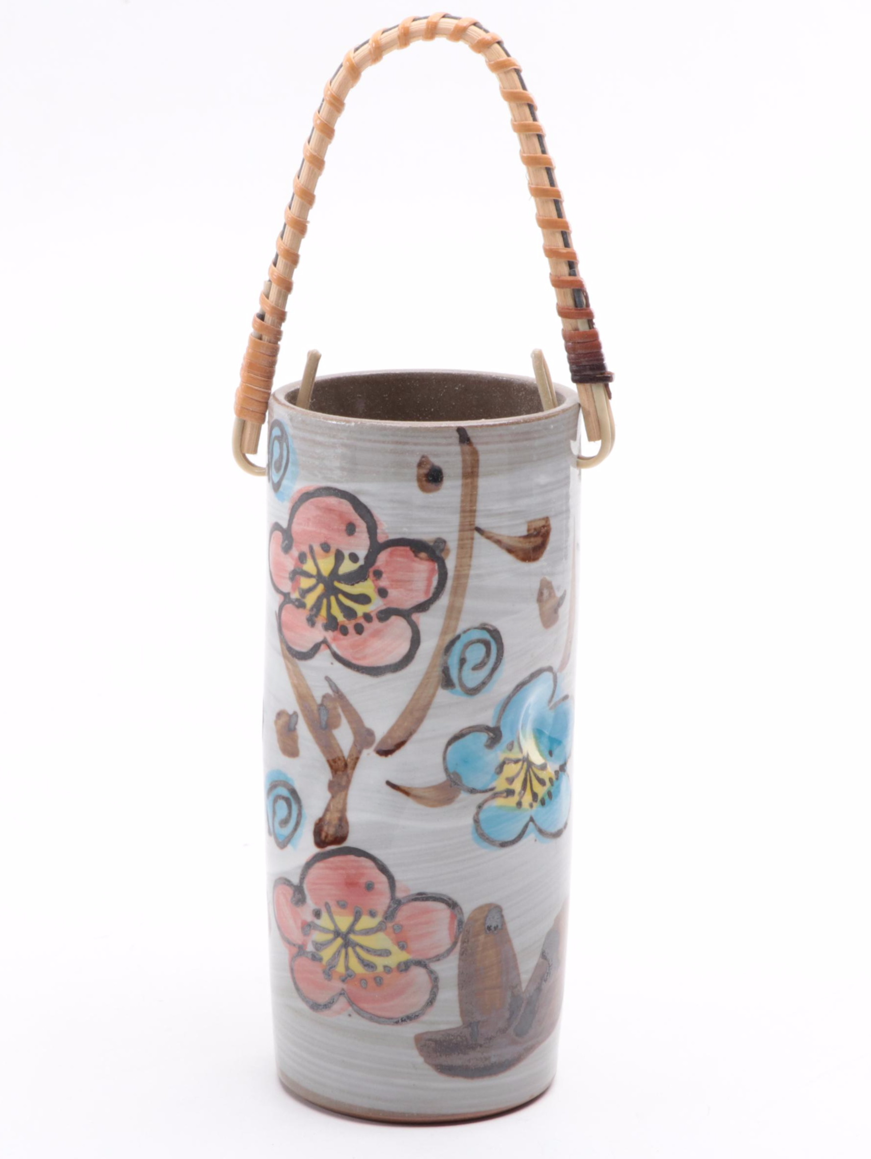 Lacquered Cedar Wood Slice Wall Clocks with Earthenware Handled Vase EBTH