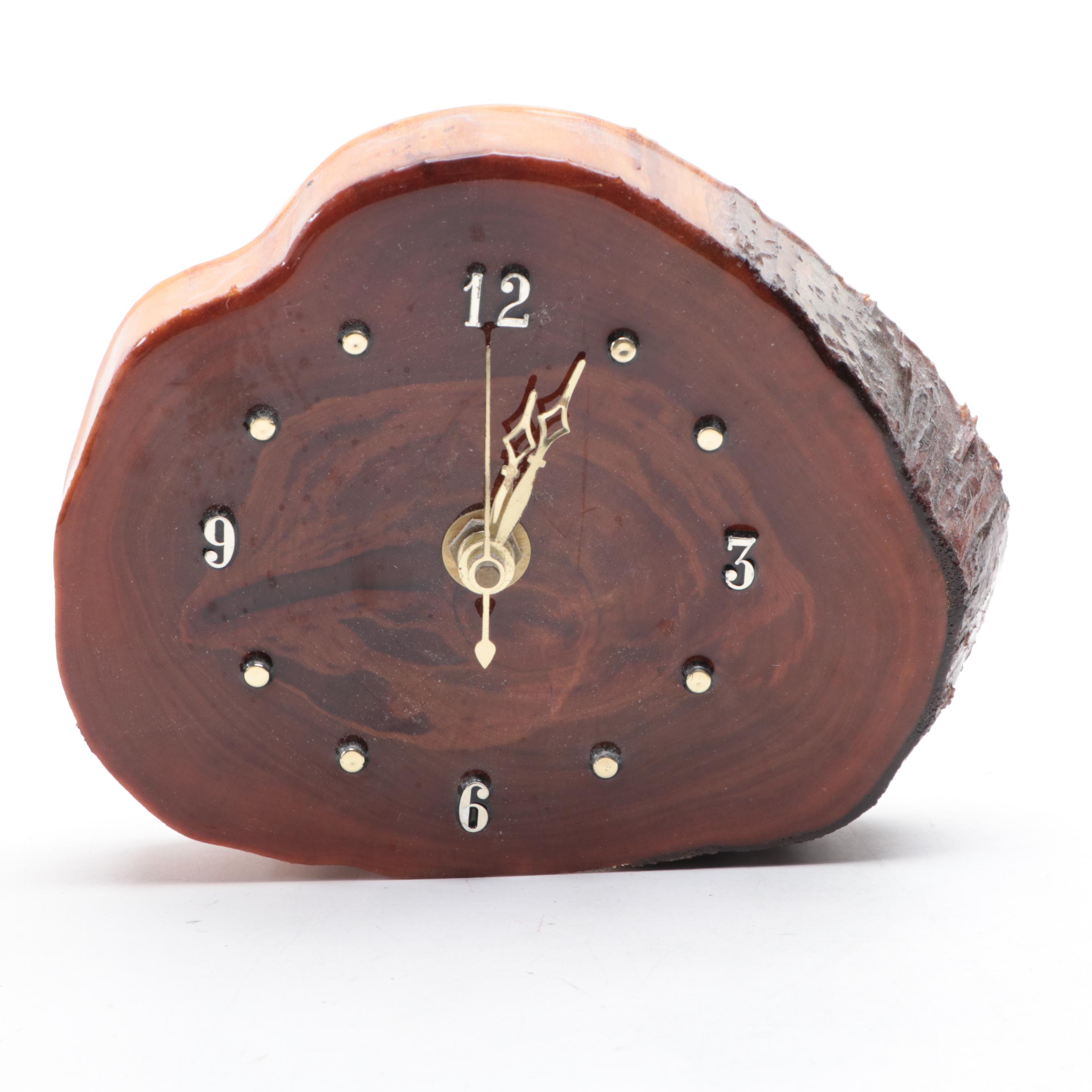 Lacquered Cedar Wood Slice Wall Clocks with Earthenware Handled Vase EBTH