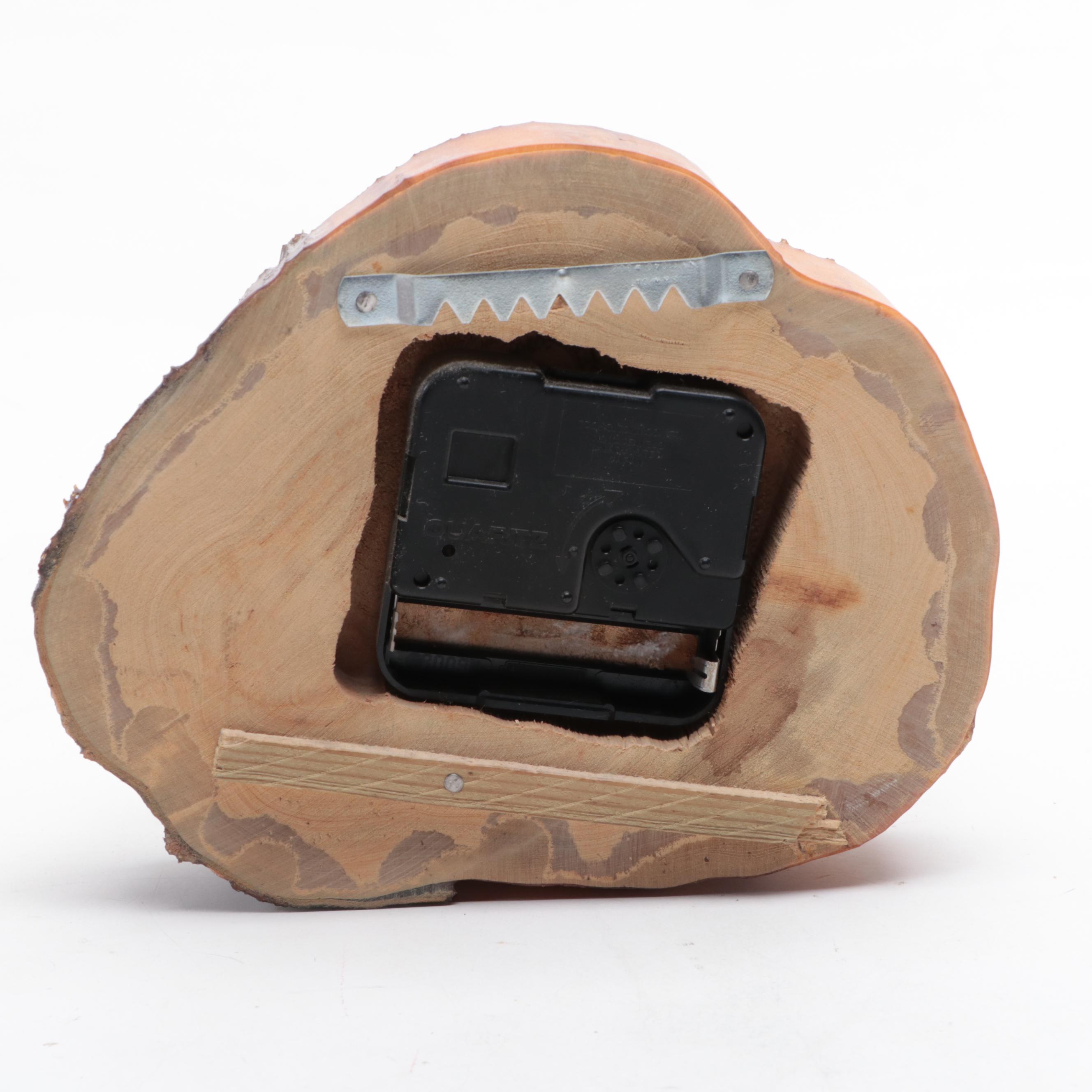 Lacquered Cedar Wood Slice Wall Clocks with Earthenware Handled Vase EBTH