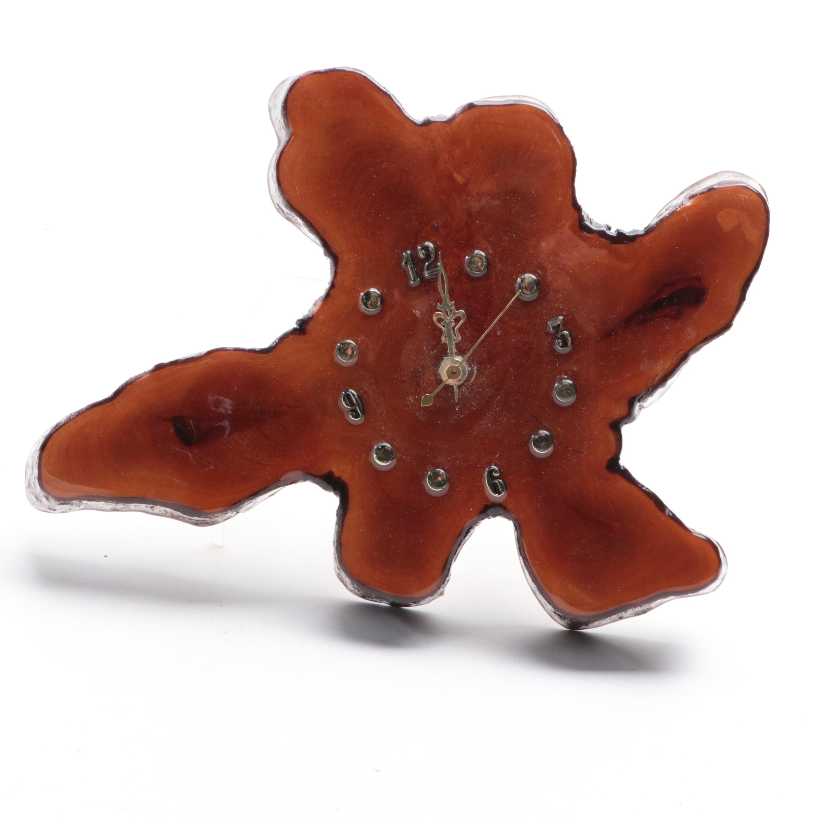 Lacquered Cedar Wood Slice Wall Clocks with Earthenware Handled Vase EBTH