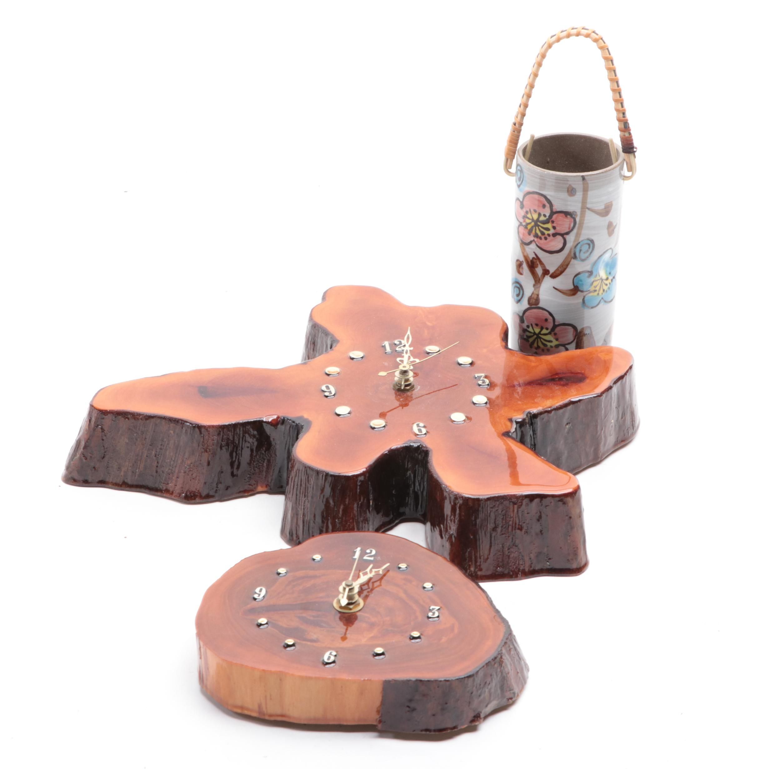 Lacquered Cedar Wood Slice Wall Clocks with Earthenware Handled Vase EBTH