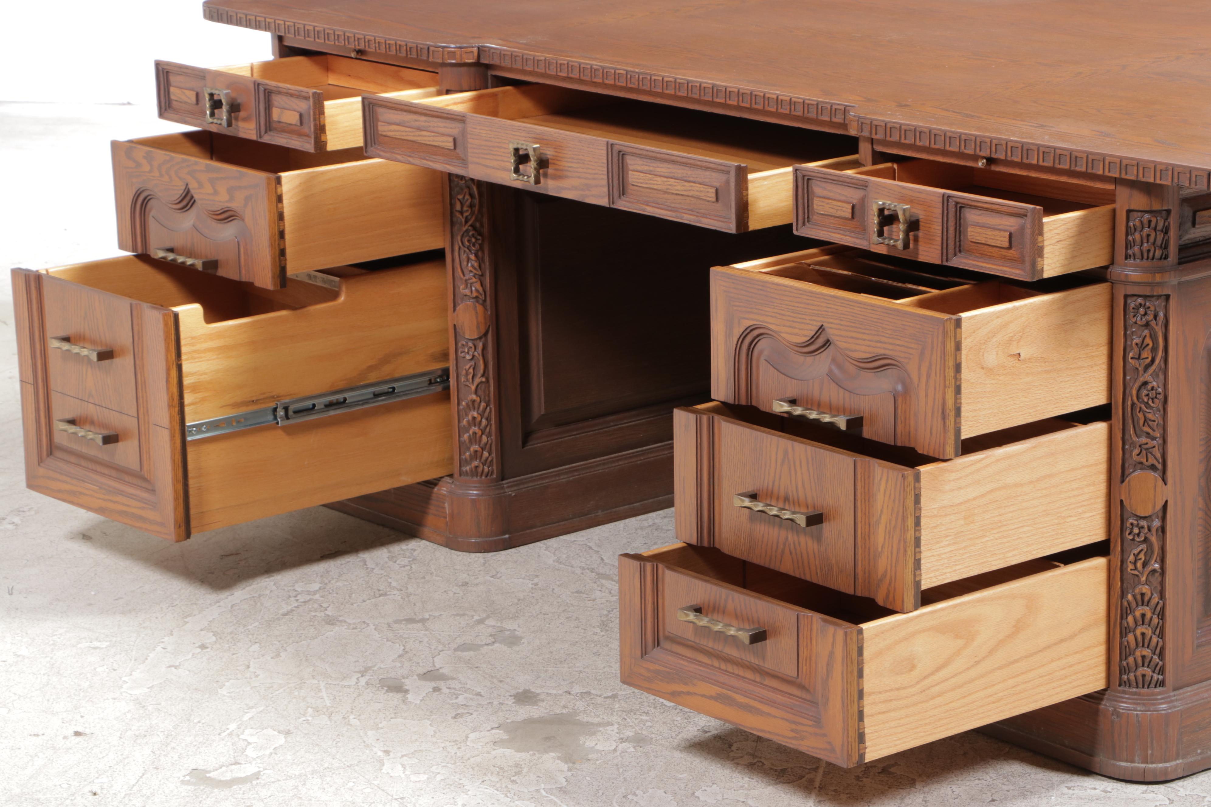 Romweber Carved Oak DoublePedestal Desk, 20th Century EBTH