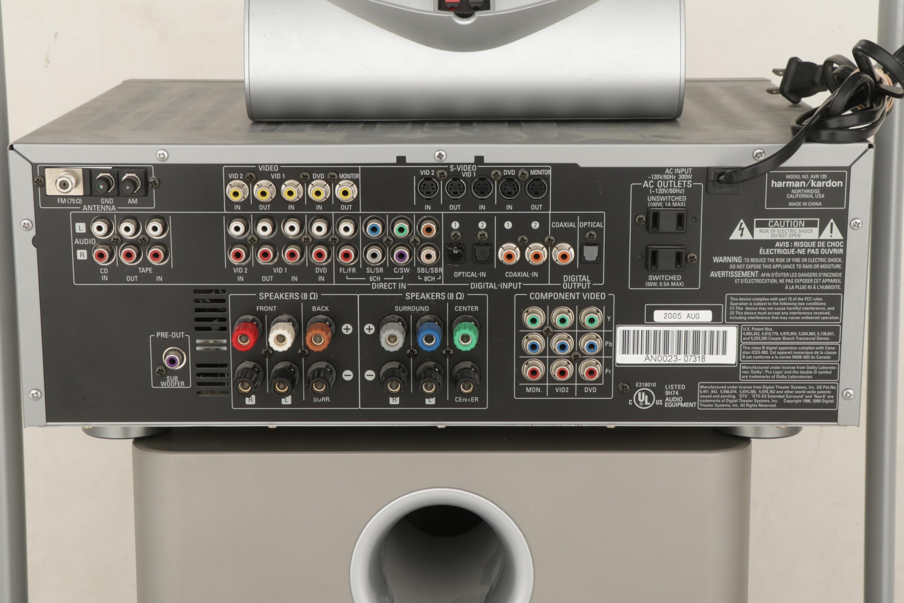 Harman/Kardon AVR 135 AV Receiver With SUBTS8 Subwoofer, and Surround Speakers EBTH