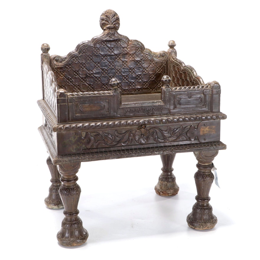 Gujarat India German Silver Decorated Carved Wooden Altar, 19th Century