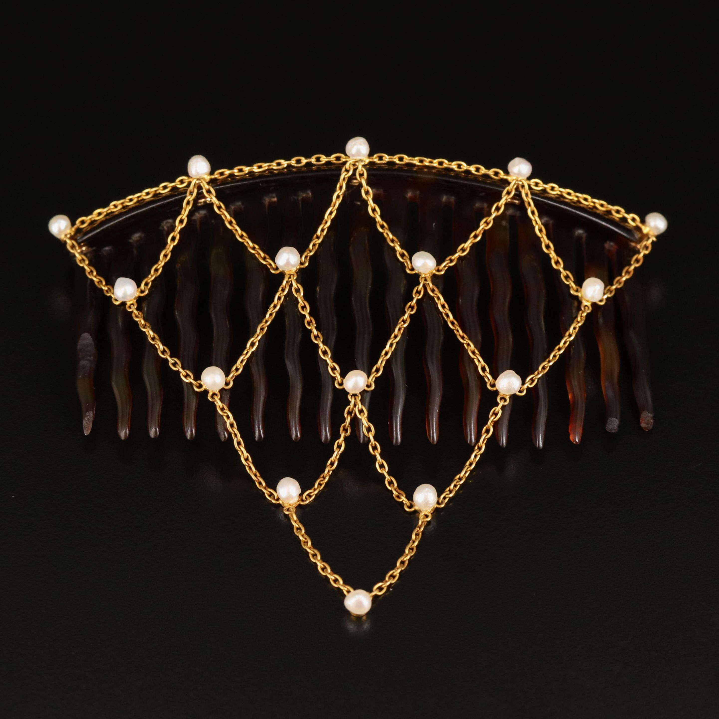 Tortoise Shell and Seed Pearl Hair Comb with 14K Chain | EBTH