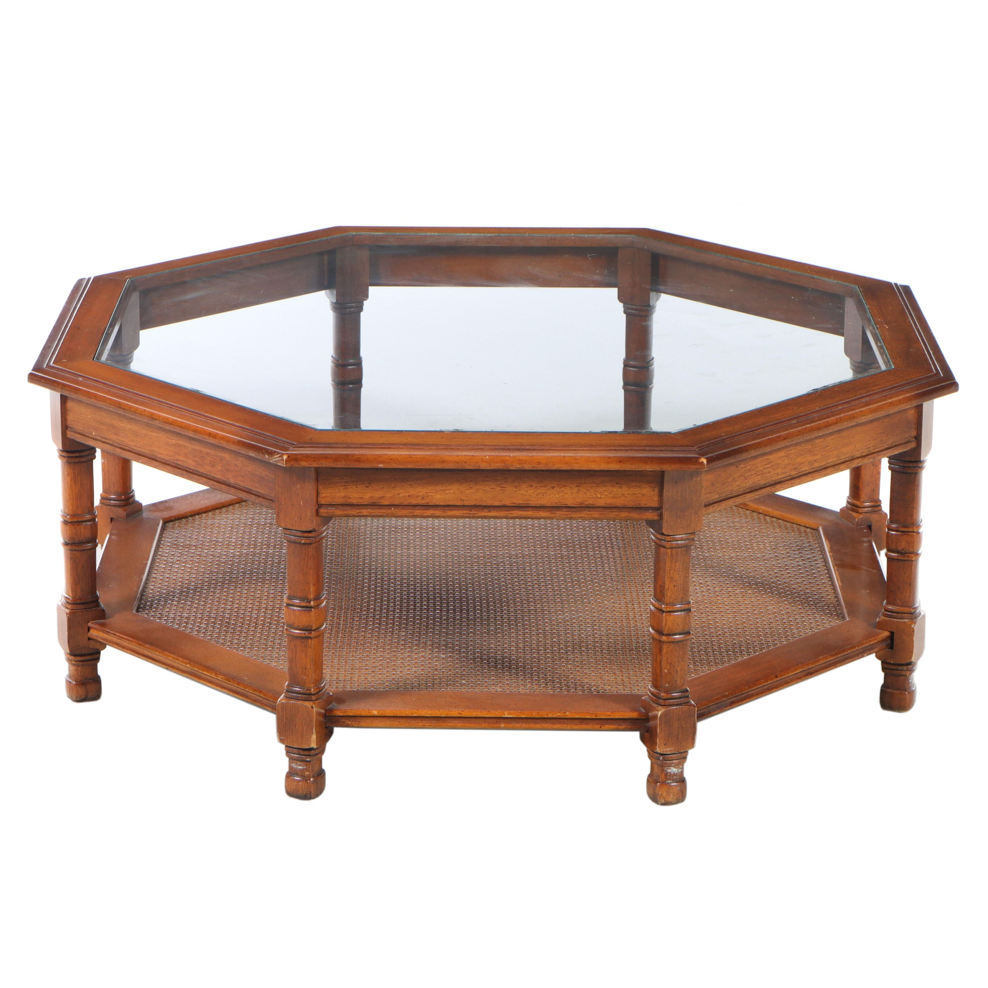 Walnut and Glass Top Octagonal Coffee Table, Mid to Late 20th Century