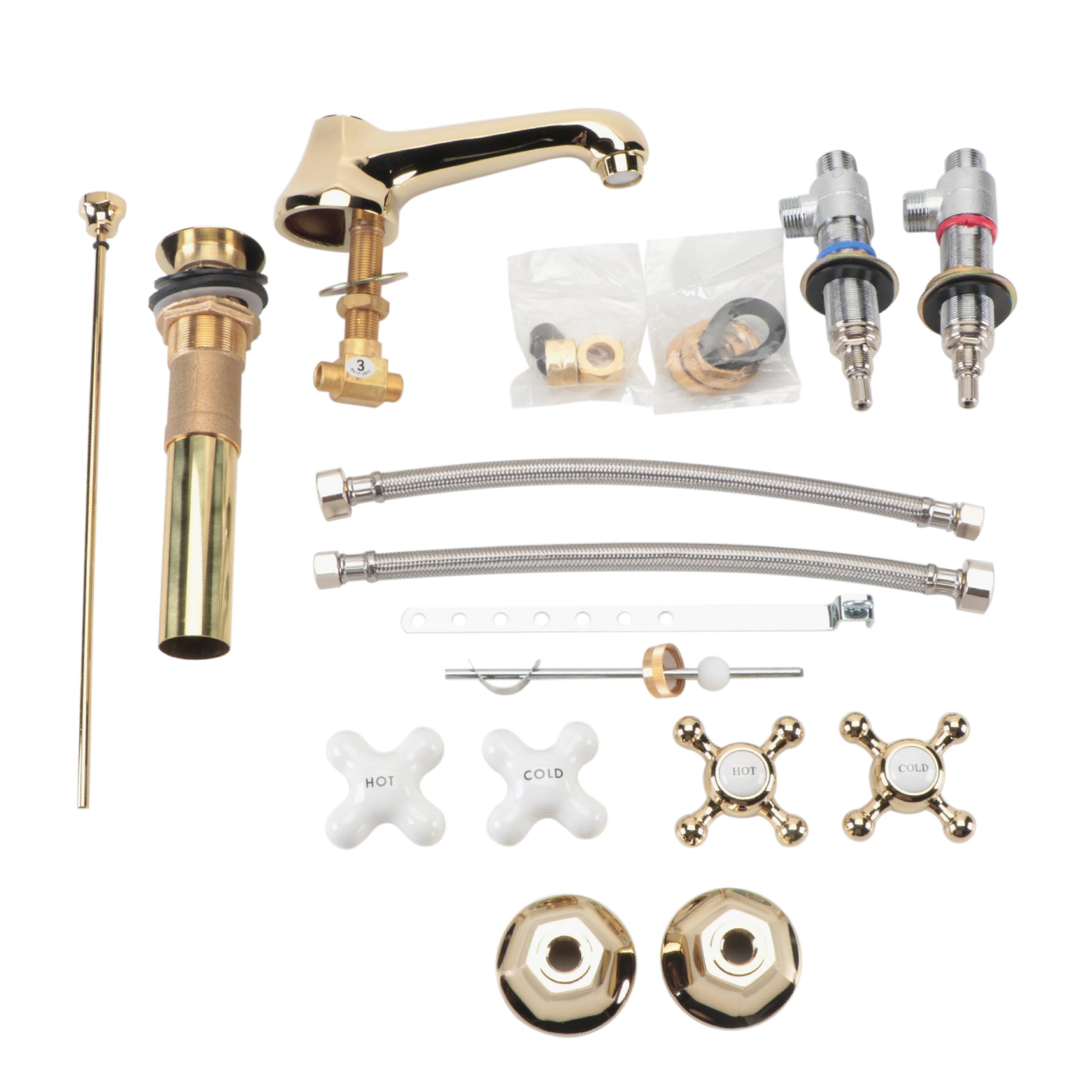 Polished Brass Finish Bathroom Faucet with Cross Handles and PopUp