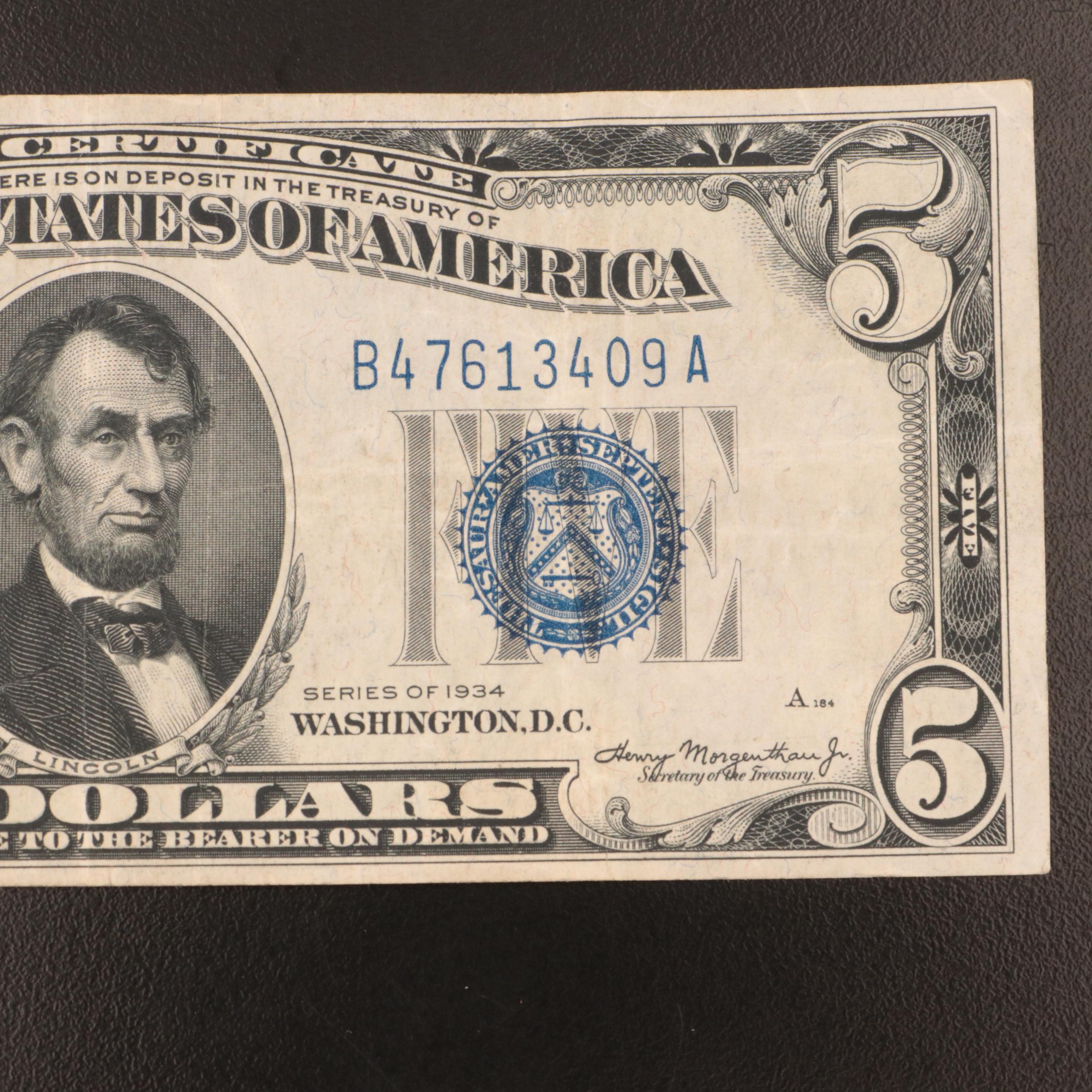 Ten 1934 Five Dollar Silver Certificates EBTH