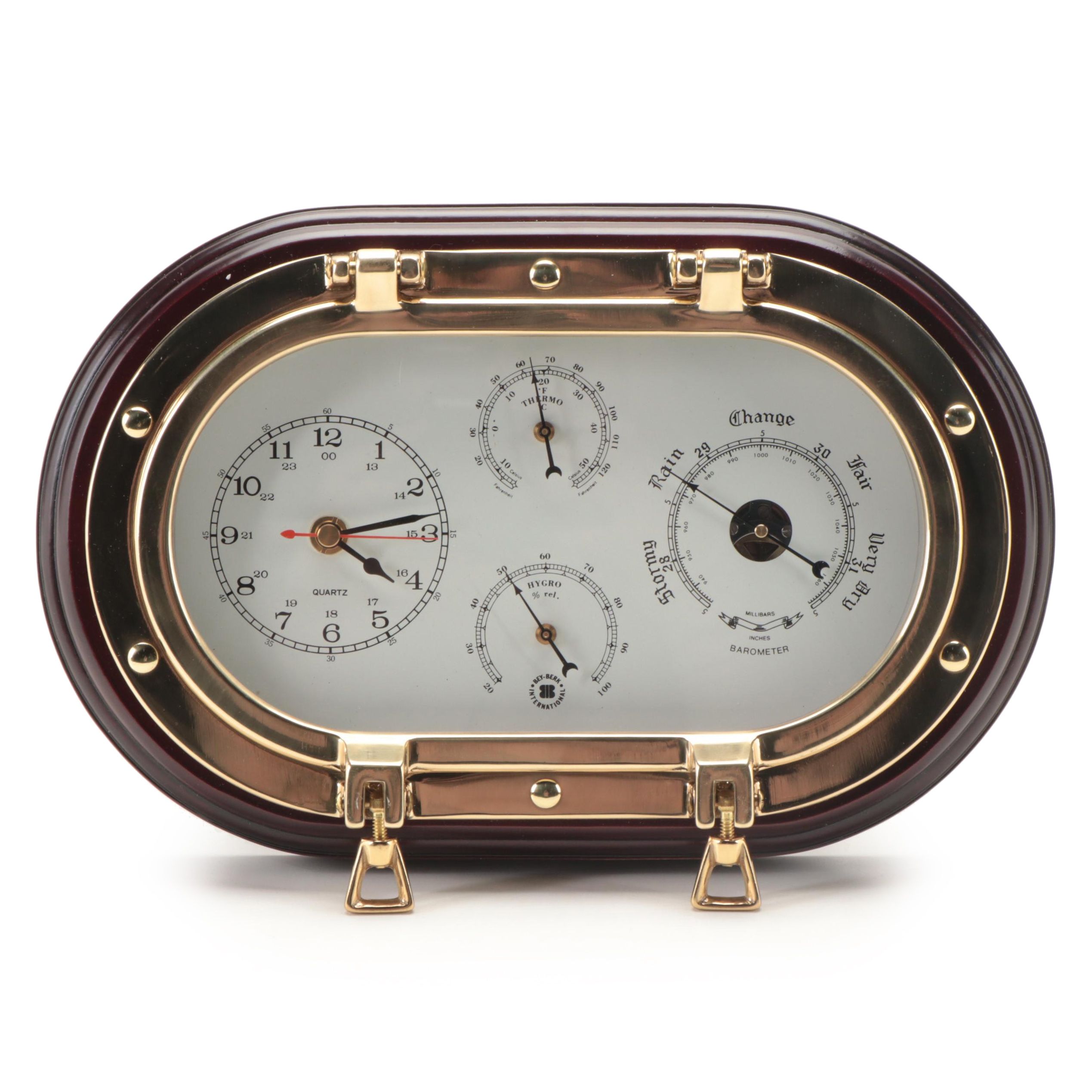 BeyBerk Laquered Brass Porthole Time and Tide Clock, Thermometer and