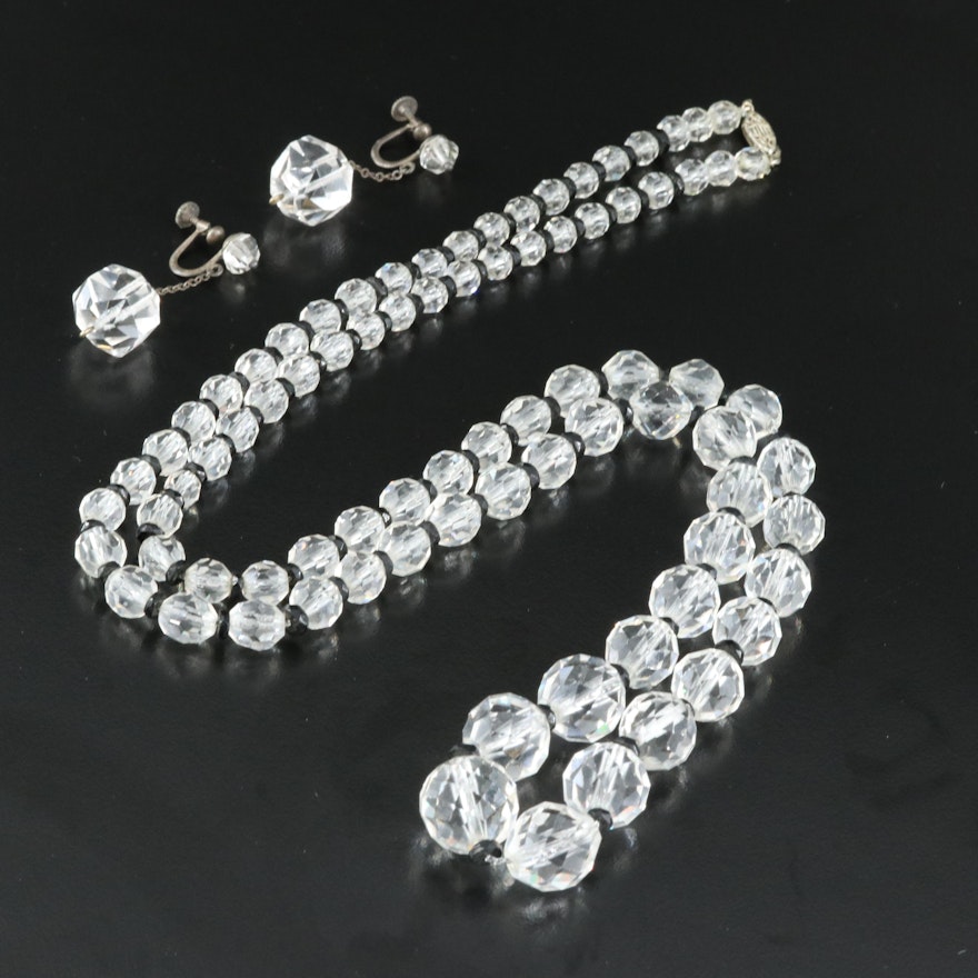 Art Deco Necklace and Earrings in Glass Crystal and Rock Crystal Quartz