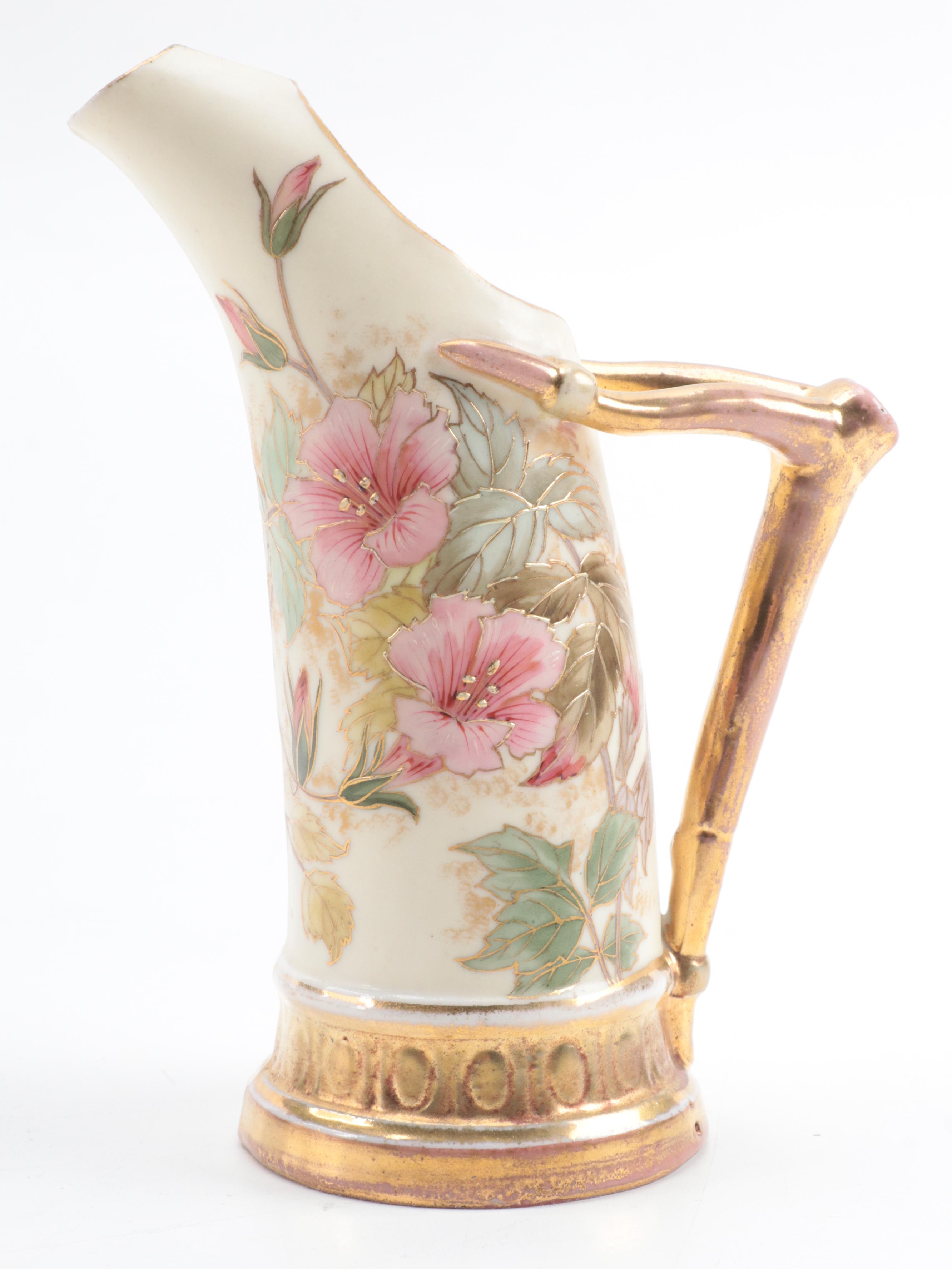 Robert Hanke Porcelain Ewer with Other Gilt Metal Leaf Dish EBTH