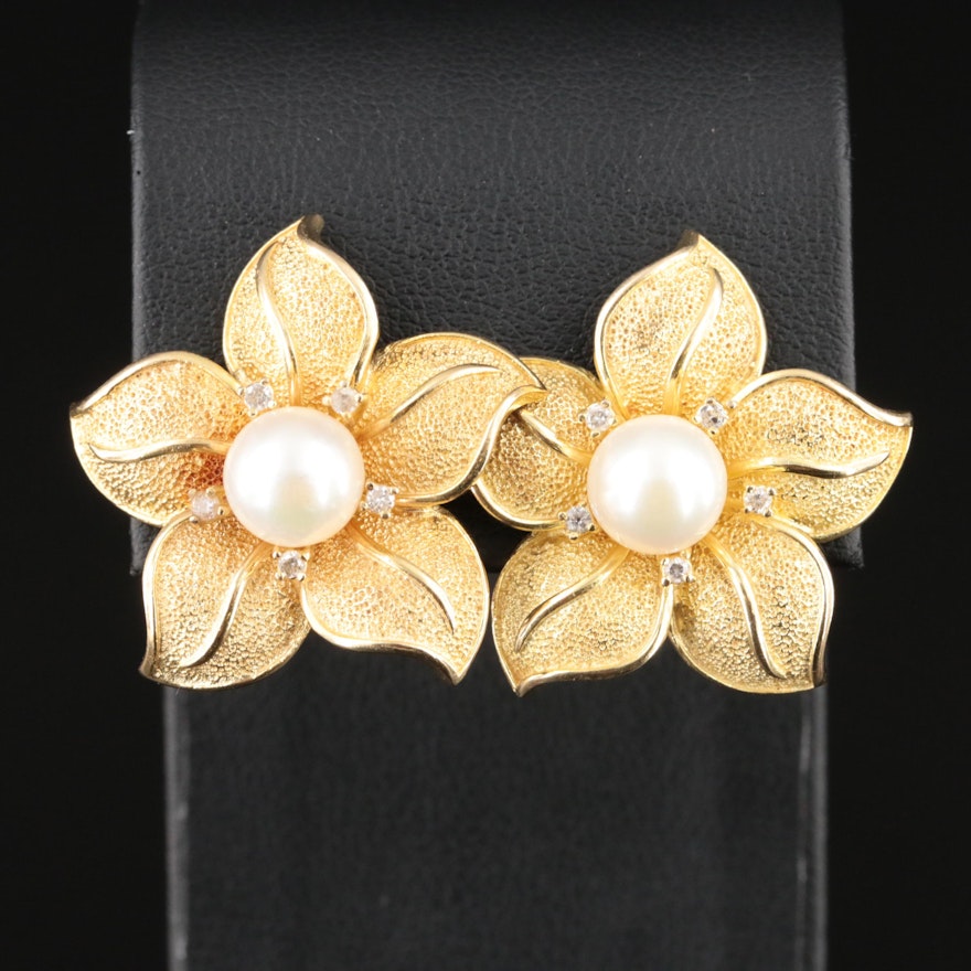 14K Pearl and Diamond Flower Earrings