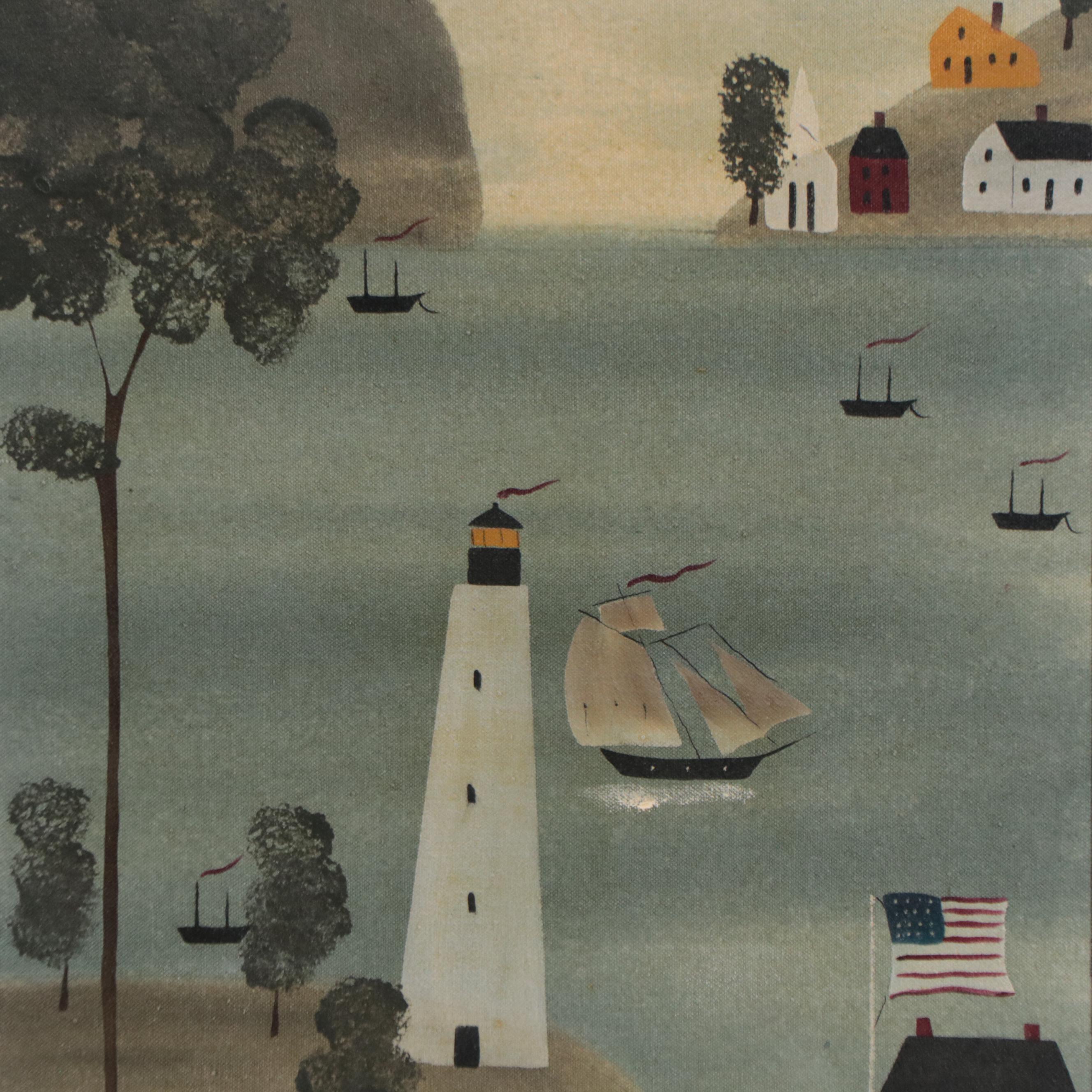 Hope Angier Folk Art Coastal Oil Painting EBTH