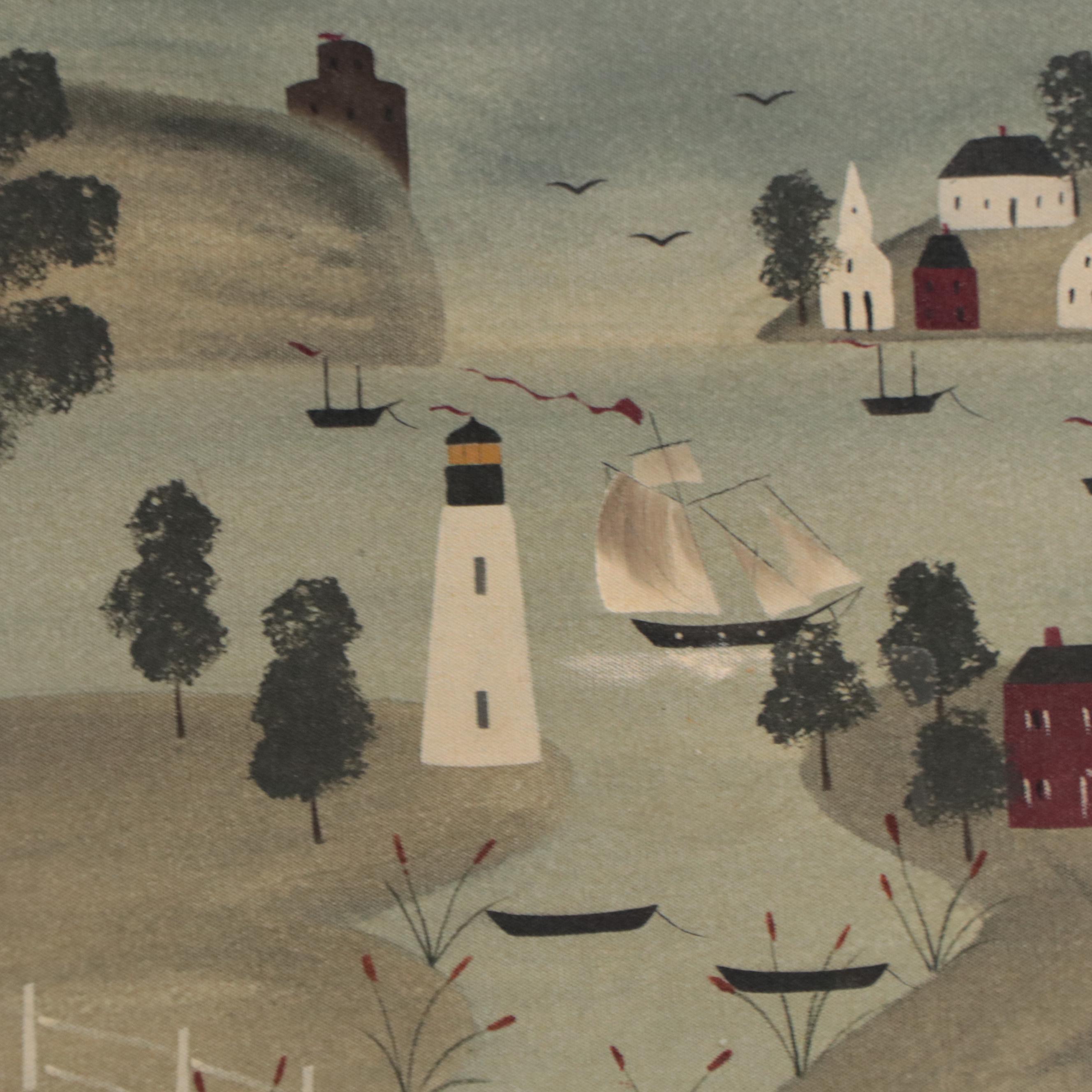 Hope Angier Folk Art Coastal Oil Painting EBTH