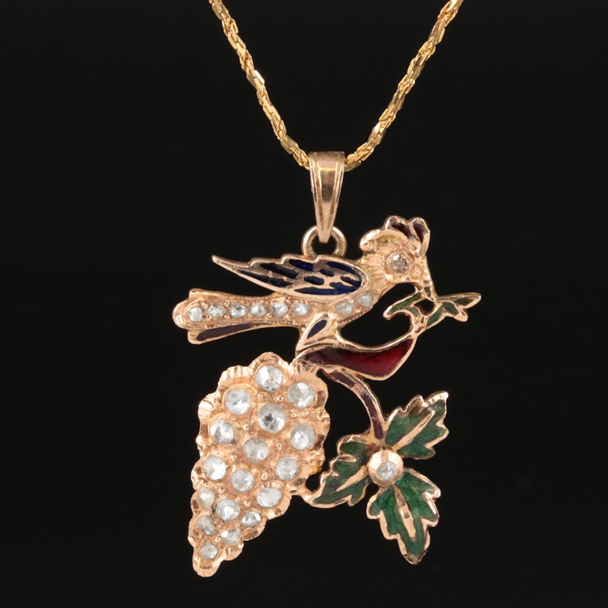 14K Diamond and Enamel Bird and Grape Cluster Pendant Necklace