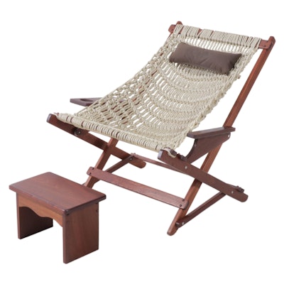 Oak and Rope Design Mahogany Rocking Lounge Chair with Footstool