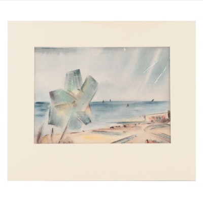 Yngve H. Olsen Double-Sided Watercolor Painting of Beach Scene