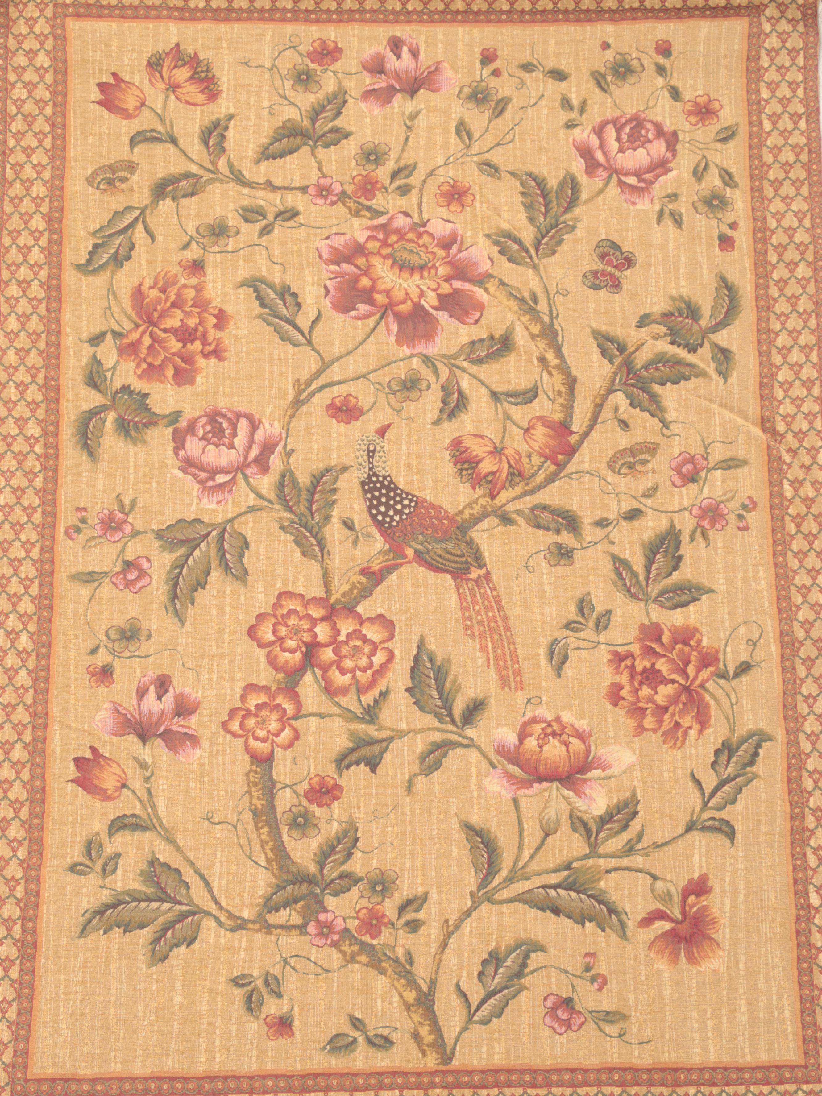 Jacobean Style Machine Made Tapestry Wall Hanging With Rod and Tassels