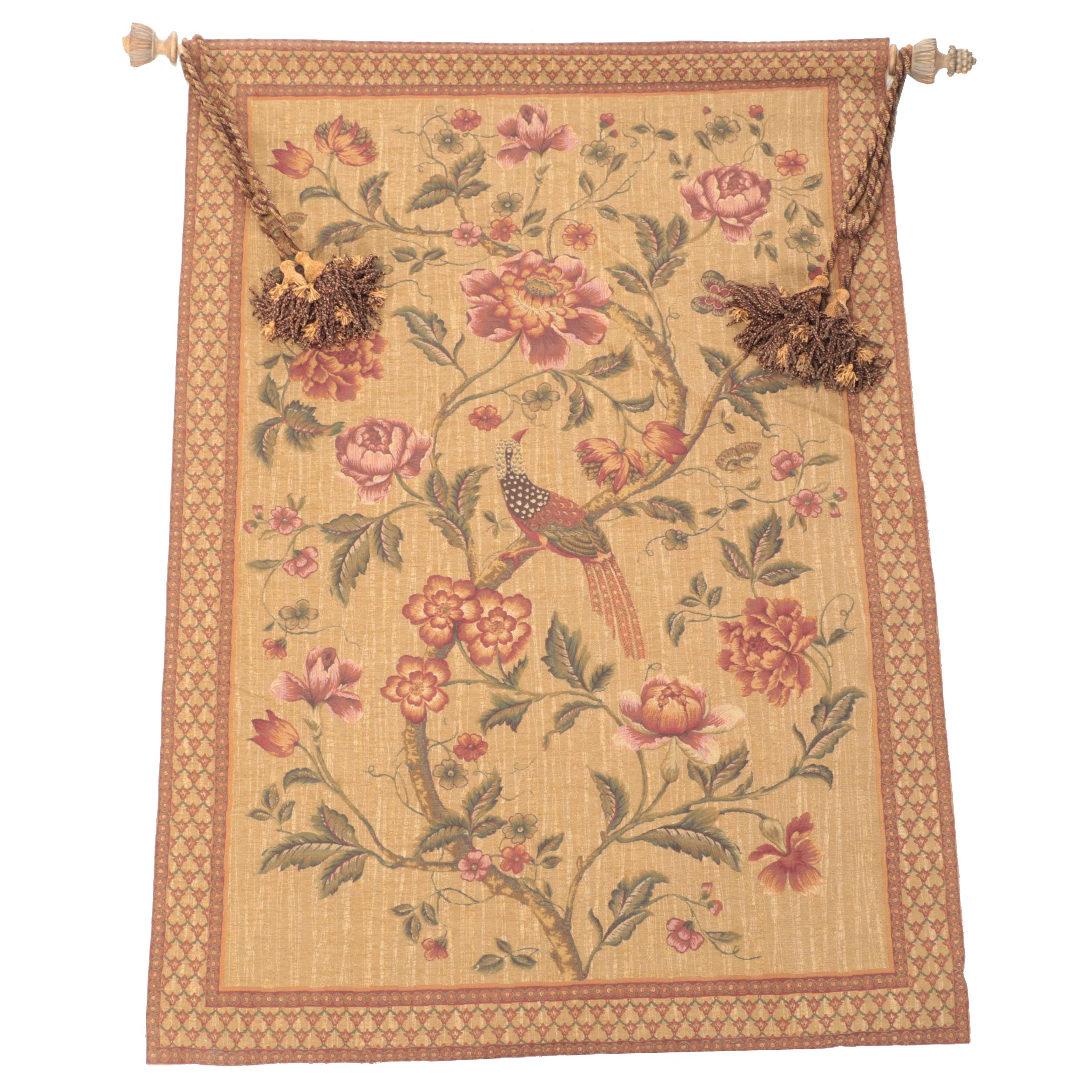 Jacobean Style Machine Made Tapestry Wall Hanging With Rod and Tassels