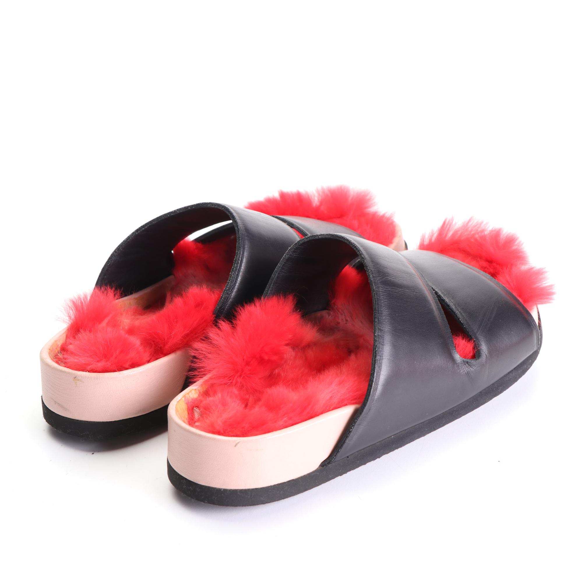 Cèline Slide Sandals in Leather with Fur Trim EBTH