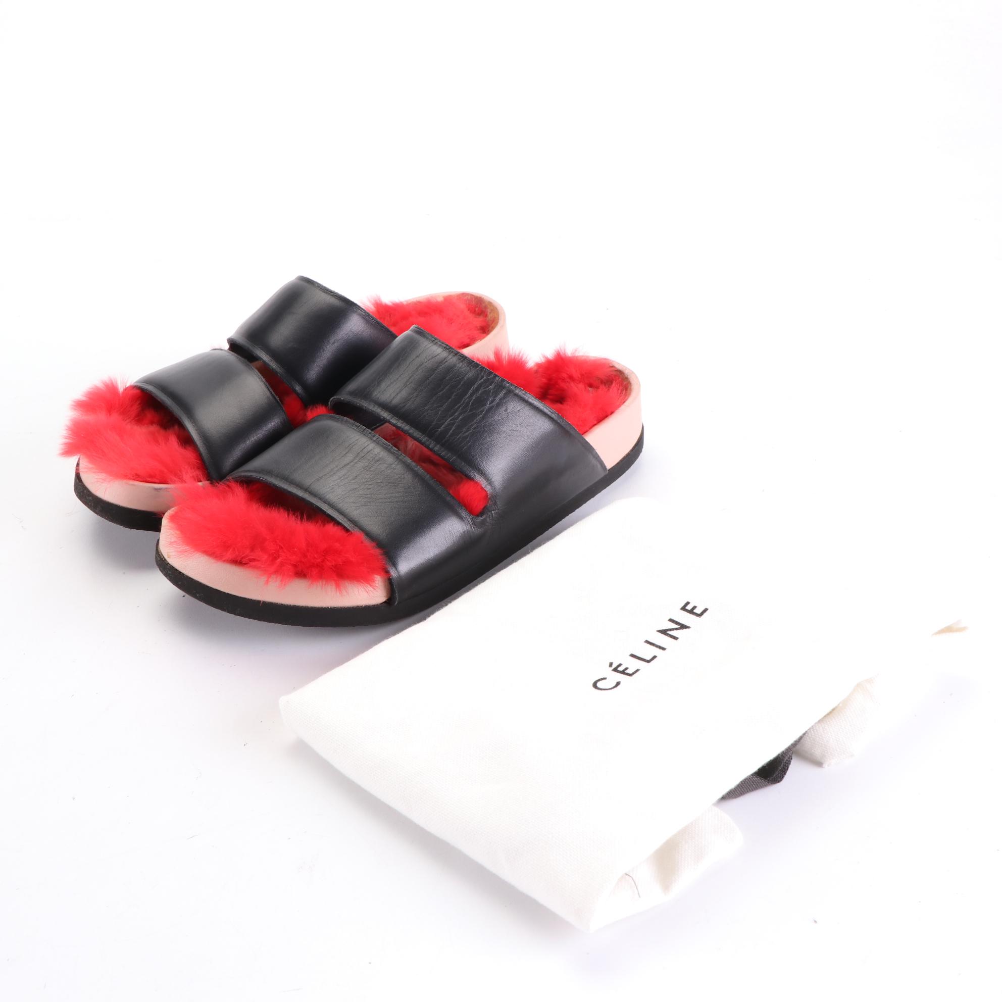 Cèline Slide Sandals in Leather with Fur Trim EBTH