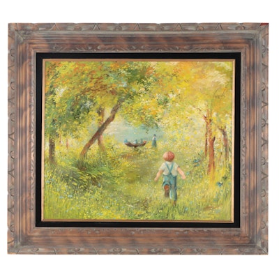 Barbara Hess Mercier Oil Painting of Child Frolicking Through the Forest