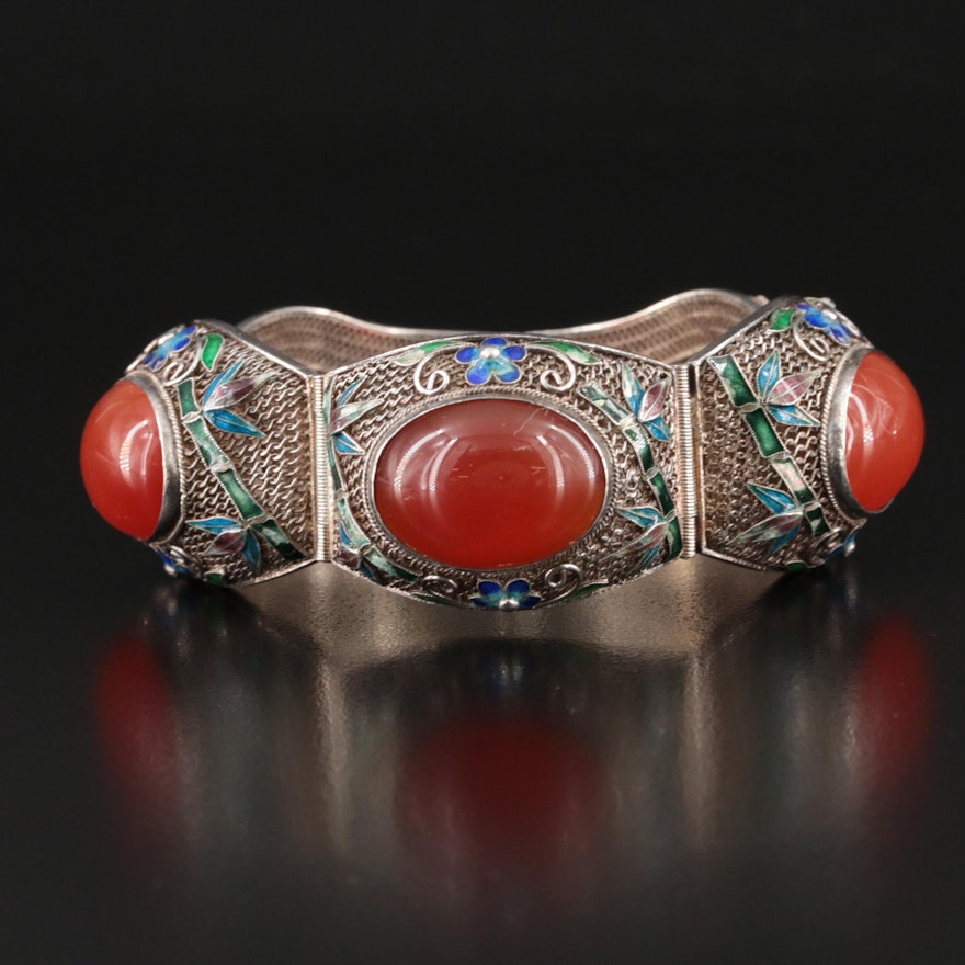Chinese Export Sterling Carnelian Filigree Bracelet with Bamboo Enamel Accents
