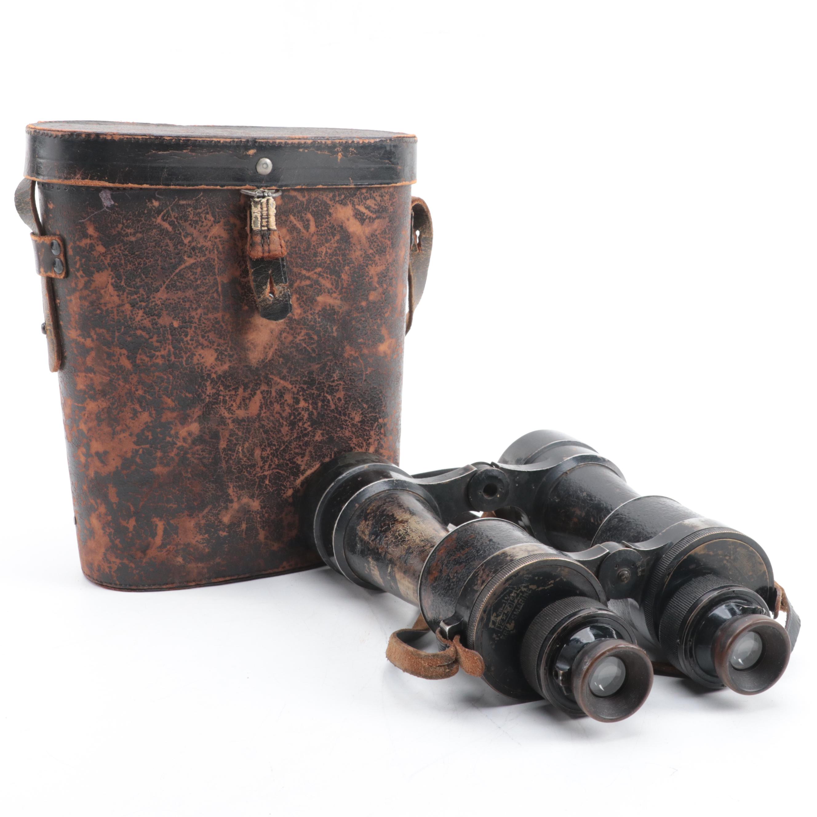 WWII Era Huet Kriegsmarine 12 x 50 Binoculars with Leather Case EBTH