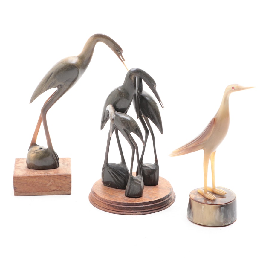 Hand-Carved Horn Stork and Heron Figurines