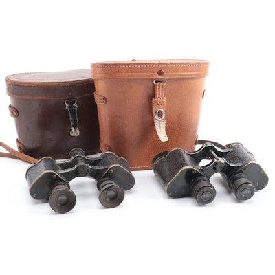 WWI and WWII Era Trieder and Other Military Binoculars with Leather Cases