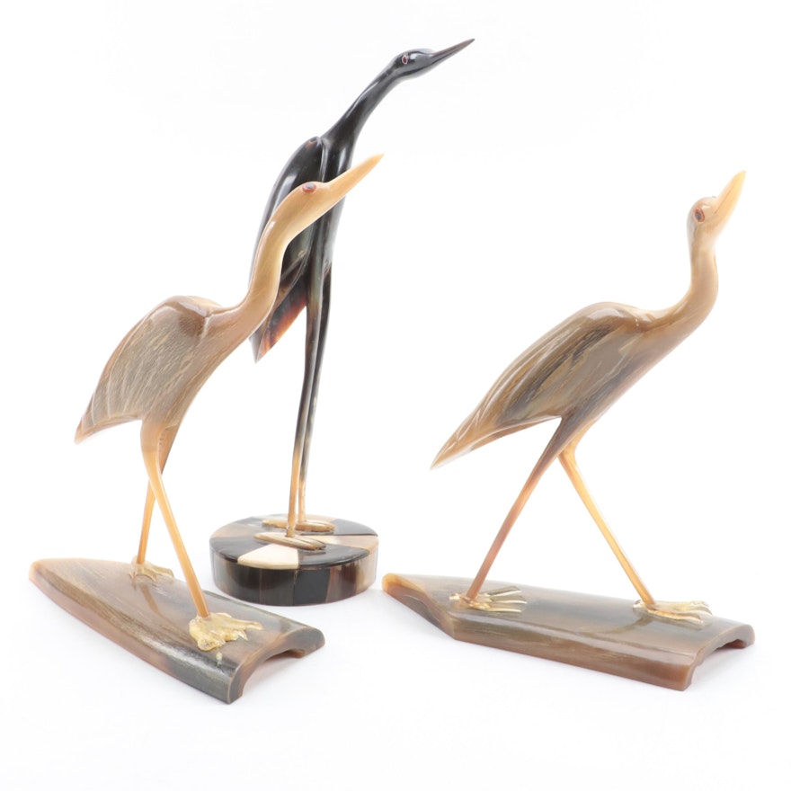 Hand-Carved Horn Heron Figurines