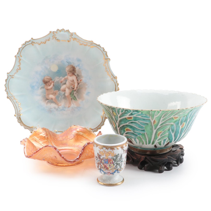Chinese Porcelain Cabbage Bowl with French Porcelain and Carnival Glass Décor