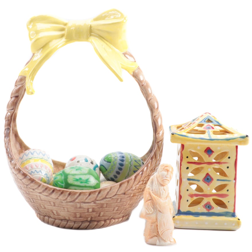 Ceramic Basket with Easter Eggs, Alabaster Figurine and Votive Holder