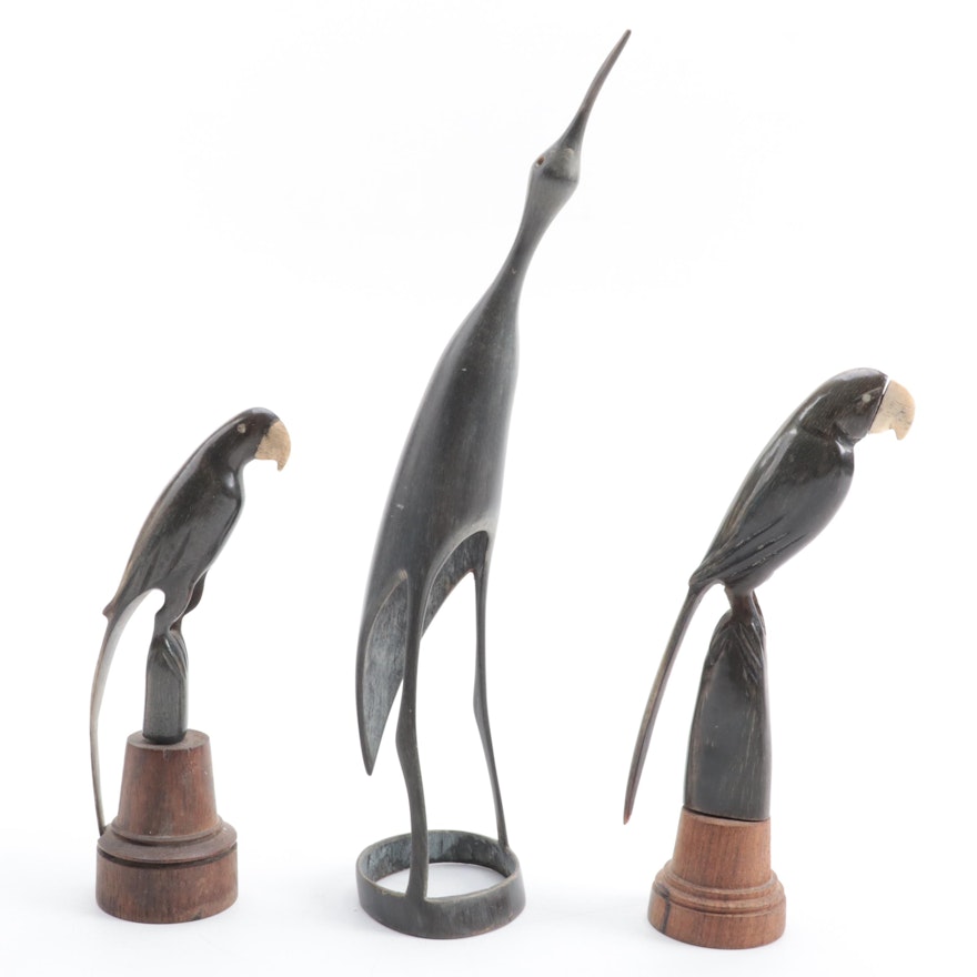 Hand-Carved Horn Bird Figurines on Wood Bases