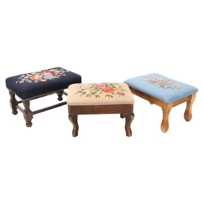 Three Floral Needlepoint Upholstered Wood Footstools, 20th Century