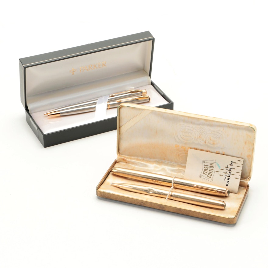 Parker "Insignia" Brushed Stainless Steel with Gold-Filled Pen and Pencil Sets