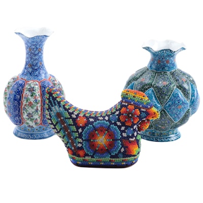 Middle Eastern Izink Style Porcelain Vases with Mexican Huichol Rooster