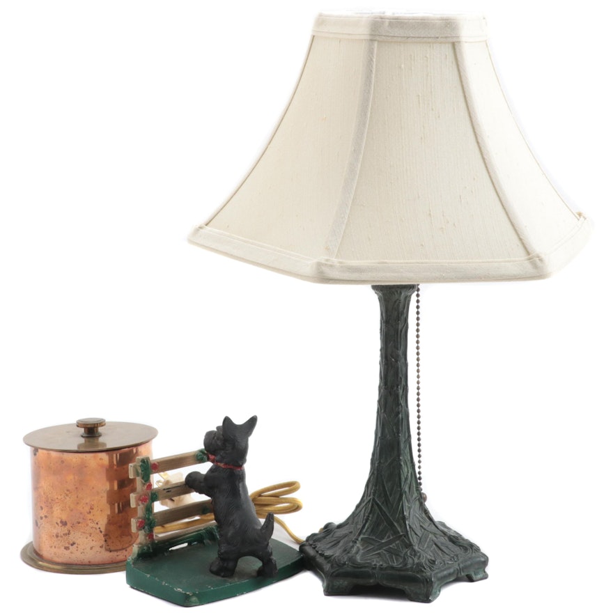 Carlson Brass and Copper Humidor with Scottish Terrier Door Stop and Table Lamp