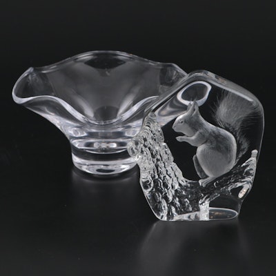 Mats Joasson Block Crystal Etched Squirrel with Simon Pearce Bowl