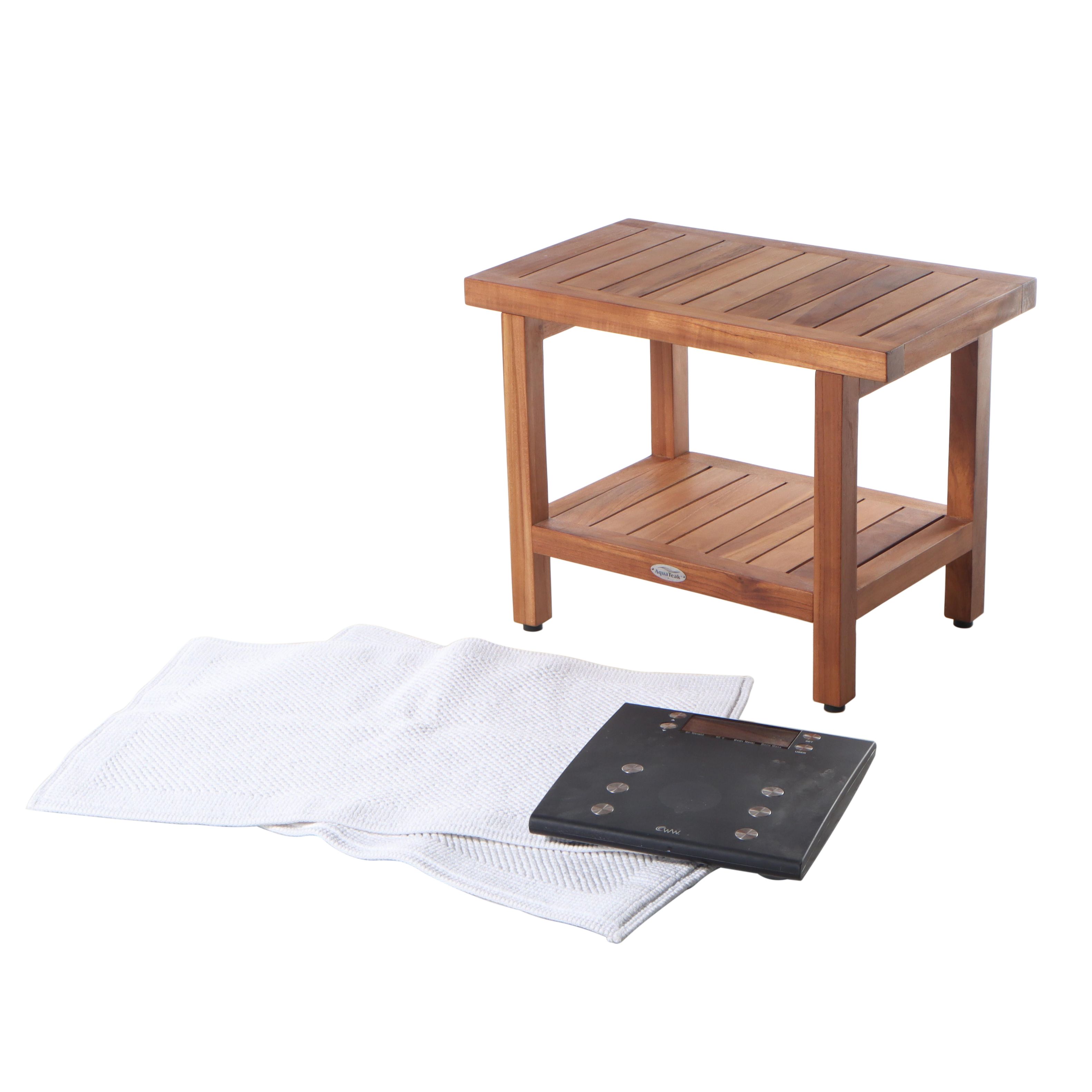 AquaTeak Slatted Teak Shower Bench Plus Conair Scale and Two Threshold