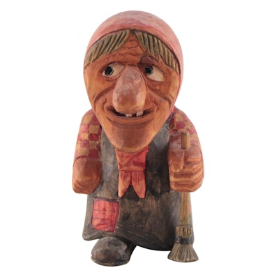 Carved Wood Sculpture of Little Old Lady with Broom, Late 20th Century